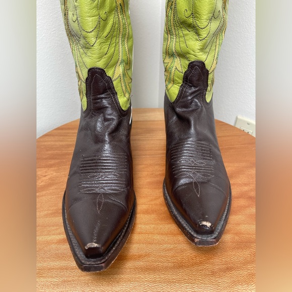 Nocona Cowboy Western Boots Brown Green Mocha Chartreuse Leather Flame 8 1/2B - Picture 10 of 16